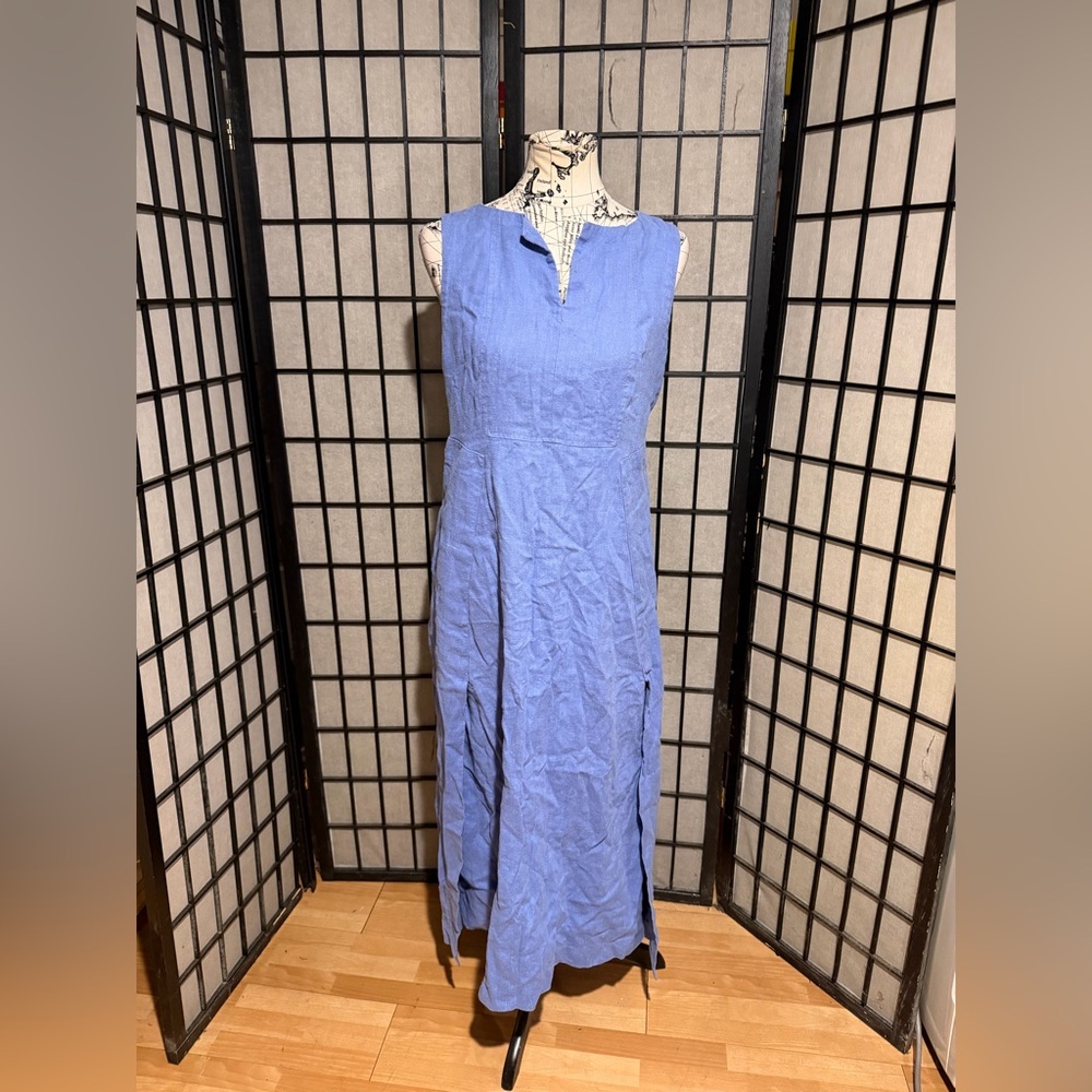 Harve Benard Vintage Linen periwinkle sleeveless V-neck side slits Maxi Dress M